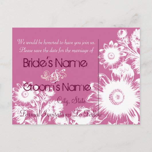 Bewaar de datum Paarse Raspberry Fuchsia Floral Aankondigingskaart (Achterkant)