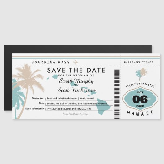 Bewaar de datum Palm Tree Boarding Pass naar Hawaï Magnetische Uitnodiging (Voorkant / Achterkant)