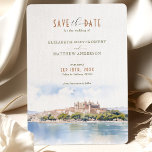 Bewaar de datum Palma de Mallorca Spanje Bestemmin Kaart<br><div class="desc">Kondig uw speciale dag aan met deze elegante waterverf bestemmingsbruiloft "Save the Date" kaart, met een prachtige artistieke voorstelling van Palma de Mallorca, Spanje. De kaart mengt prachtig zachte pastelkleuren, waaronder hemelsblauw, zanderig beige, olijfgroen en zachte hints van lavendel. Het serene kunstwerk van de waterverf vangt de historische kathedraal en...</div>