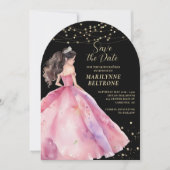 Bewaar de datum Pink Gold Princess Quinceañera Kaart (Voorkant)