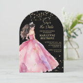 Bewaar de datum Pink Gold Princess Quinceañera Kaart (Staand voorkant)
