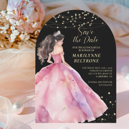 Bewaar de datum Pink Gold Princess Quinceañera Kaart