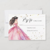 Bewaar de datum Pink Gold Princess Quinceañera RSVP Kaartje (Voorkant)