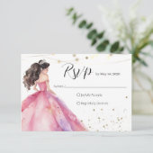 Bewaar de datum Pink Gold Princess Quinceañera RSVP Kaartje (Staand voorkant)
