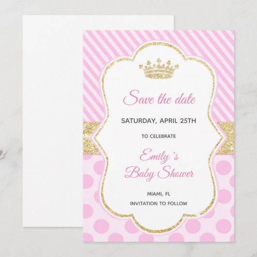 Bewaar de datum Princess Glitter Pink Gold Save The Date (Voorkant / Achterkant)