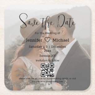 bewaar de datum qr-code koppel foto boho bruiloft kartonnen onderzetters