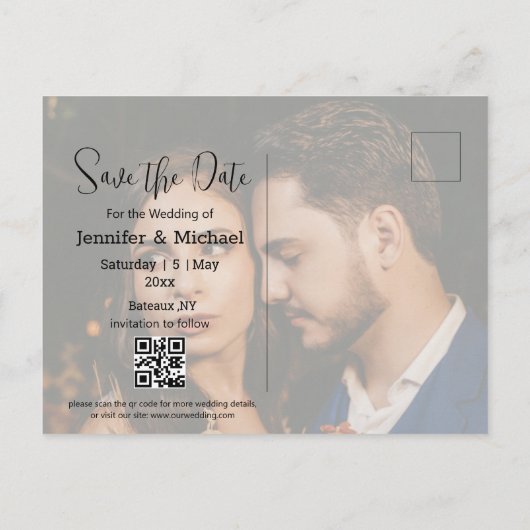 Bewaar de datum QR Code paar 2 foto's minimalistis Aankondigingskaart (Achterkant)