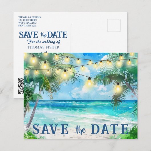 Bewaar de datum QR code Tropical Beach aankondigin Briefkaart (Voorkant / Achterkant)