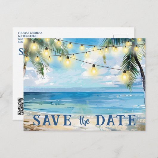 Bewaar de datum QR code Tropical Beach aankondigin Briefkaart (Voorkant / Achterkant)