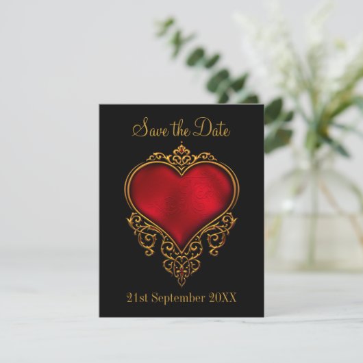 Bewaar de datum Red Gold Heart Black Save The Date (Staand voorkant)