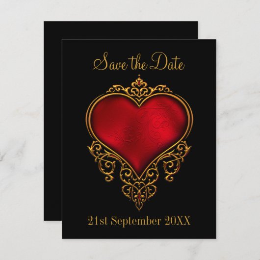 Bewaar de datum Red Gold Heart Black Save The Date (Voorkant / Achterkant)
