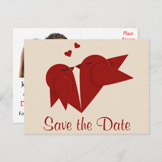 Bewaar de datum Red Lovebirds Wedding Photo Briefk Aankondigingskaart (Voorkant / Achterkant)