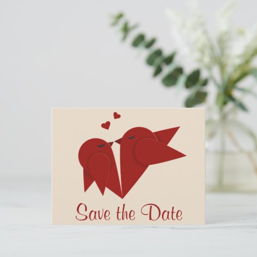 Bewaar de datum Red Lovebirds Wedding Photo Briefk Aankondigingskaart (Staand voorkant)