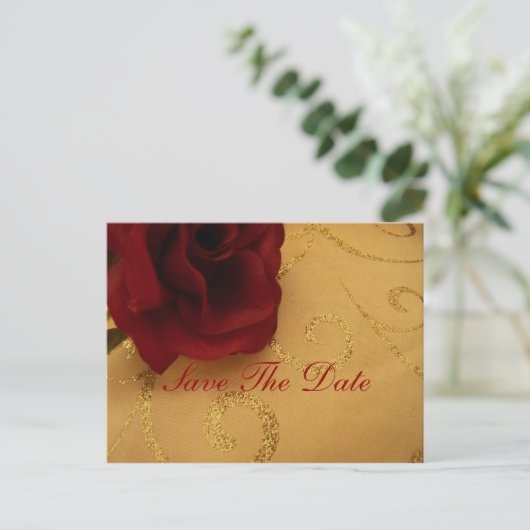 Bewaar de datum Red Rose Gold swirl Briefkaart (Staand voorkant)