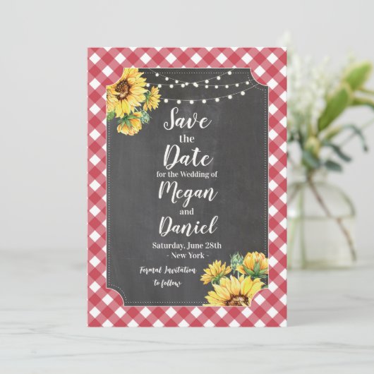 Bewaar de datum Red White Sunflower Floral Wedding Save The Date (Staand voorkant)