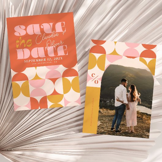 Bewaar de datum, Retro, boog foto, 70's roze Save The Date