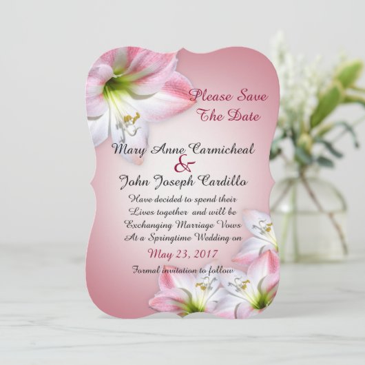 Bewaar de datum roze amaryllis save the date (Staand voorkant)