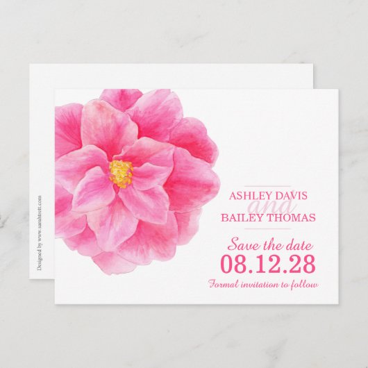 Bewaar de datum roze camellia bloemkaart aankondigingskaart (Voorkant / Achterkant)