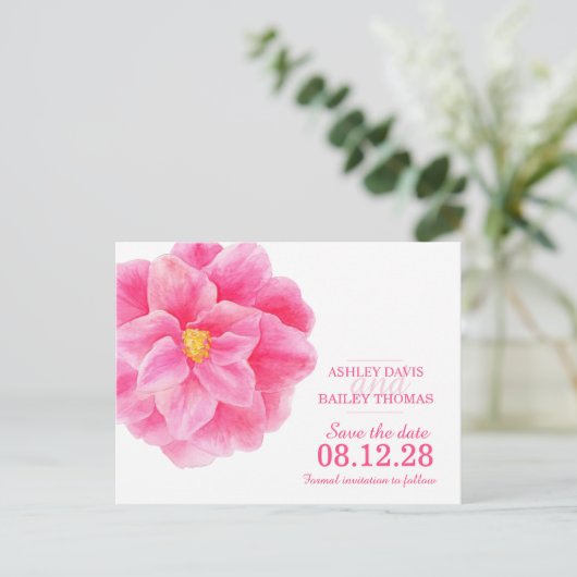 Bewaar de datum roze camellia bloemkaart aankondigingskaart (Staand voorkant)