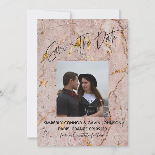 Bewaar de datum |Roze en gouden marmer Save The Date (Voorkant)