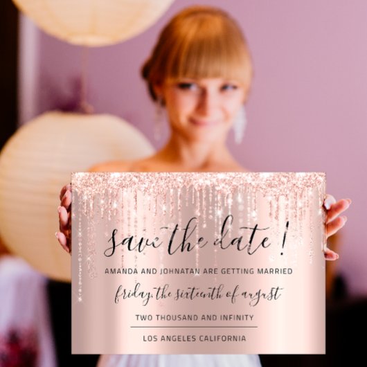 Bewaar de datum Roze goud Glitterende druppels lin Save The Date
