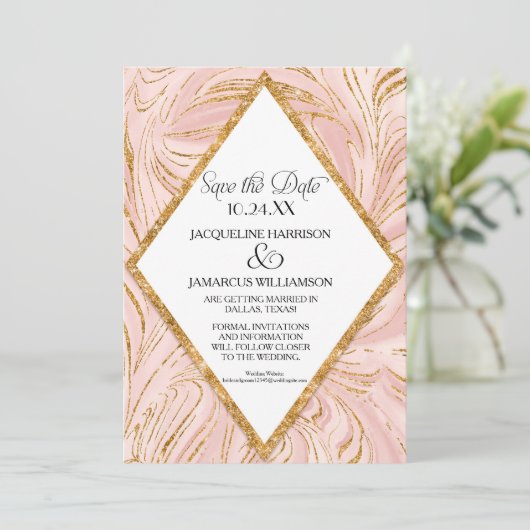 Bewaar de datum Roze gouden nepschittermarmer bloz Save The Date (Staand voorkant)