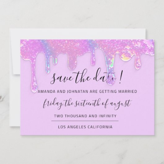 Bewaar de datum roze holografische druppels paars save the date (Voorkant)