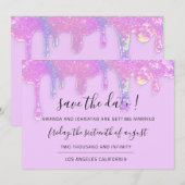 Bewaar de datum roze holografische druppels paars save the date (Voorkant / Achterkant)