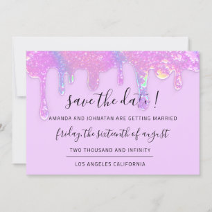 Bewaar de datum roze holografische druppels paars save the date