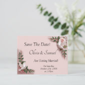 Bewaar de datum - Roze rozen & Duiven Bruiloft Aankondigingskaart (Staand voorkant)