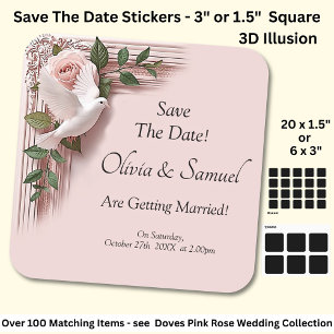 Bewaar de datum - Roze rozen & Duiven Bruiloft Vierkante Sticker