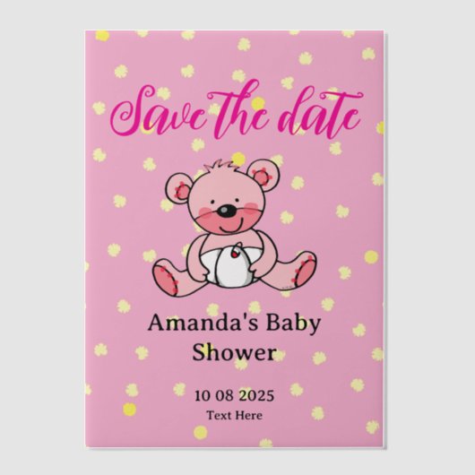 Bewaar de datum roze teddybeer baby shower vellum uitnodigingen (Voorkant)