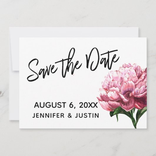 Bewaar de datum, Roze waterverf Pioen bloem Save The Date (Voorkant)