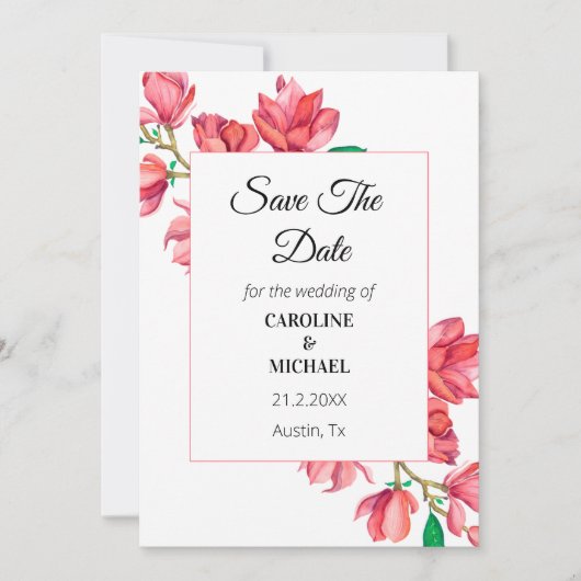 Bewaar de datum Roze Wit Bloemen Bruiloft Kaart (Voorkant)