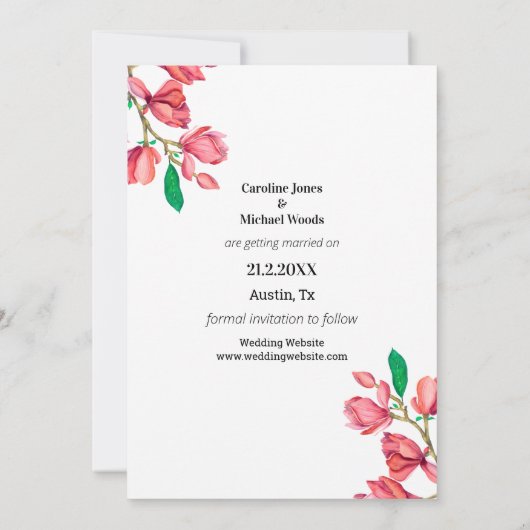 Bewaar de datum Roze Wit Bloemen Bruiloft Kaart (Achterkant)