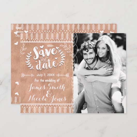 Bewaar de datum Rustic Glam Rose Goud Foto Aankondigingskaart (Voorkant / Achterkant)