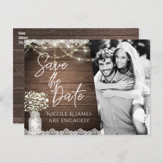 Bewaar de datum Rustic Mason Jar Baby's Breath Fot Aankondigingskaart (Voorkant / Achterkant)