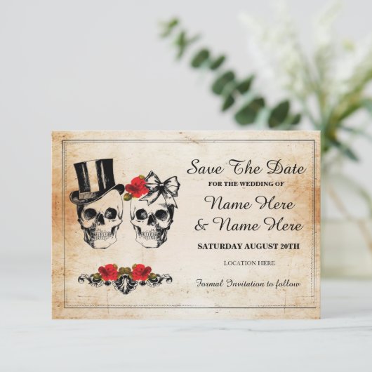 Bewaar de datum Rustic Skulls Rozen Kaart (Staand voorkant)
