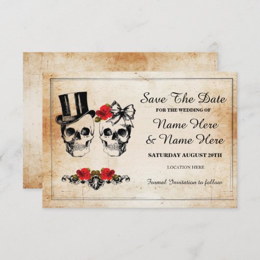 Bewaar de datum Rustic Skulls Rozen Kaart (Voorkant / Achterkant)