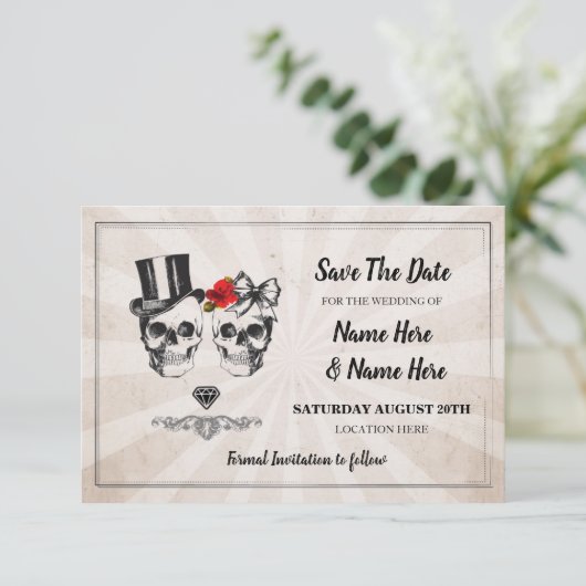 Bewaar de datum Rustic Skulls Rozen Kaart Diamond (Staand voorkant)