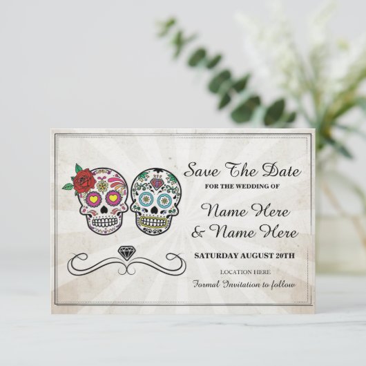 Bewaar de datum Rustic Sugar Skulls Kaart (Staand voorkant)
