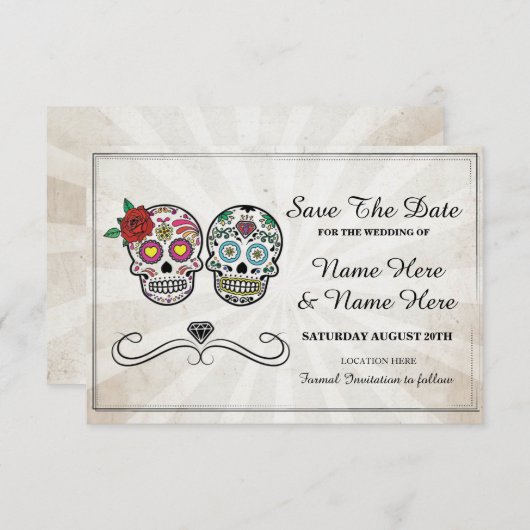 Bewaar de datum Rustic Sugar Skulls Kaart (Voorkant / Achterkant)