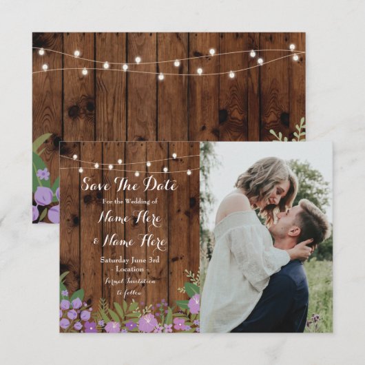 Bewaar de datum Rustic Wood Lila Flowers Invite Save The Date (Voorkant / Achterkant)