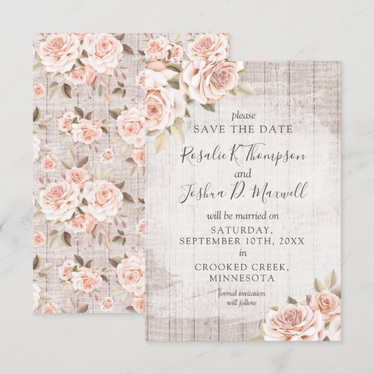 Bewaar de datum Rustic Wood & Romantic Roses Kaart (Voorkant / Achterkant)