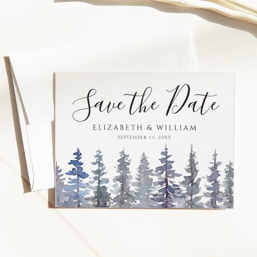 Bewaar de datum Rustiek Dusty Blue Winter Forest Briefkaart