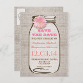 Bewaar de datum rustieke Burlap Mason Jar Pink Ger Aankondigingskaart (Voorkant / Achterkant)
