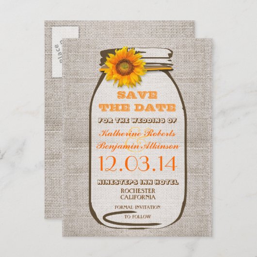 Bewaar de datum rustieke Burlap Mason Jar Zonneblo Aankondigingskaart (Voorkant / Achterkant)