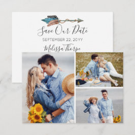 Bewaar de datum Rustieke Turquoise Veer Pijl Foto Kaart