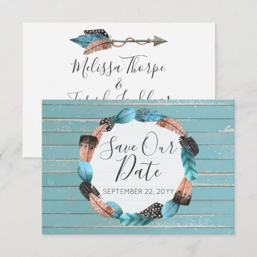 Bewaar de datum Rustieke Turquoise Veren Boho Pijl Kaart (Voorkant / Achterkant)