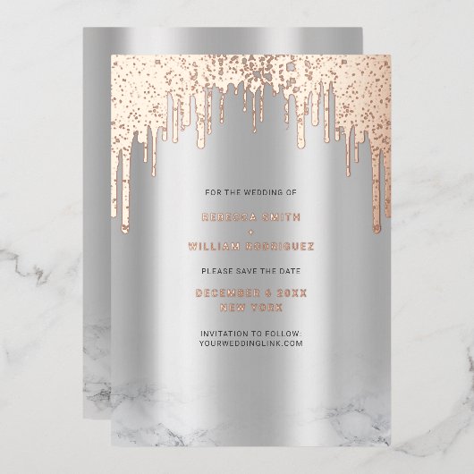 Bewaar de datum Silver Pink Glitter Drips Folie Ka Feestdagenkaart (Voorkant / Achterkant)